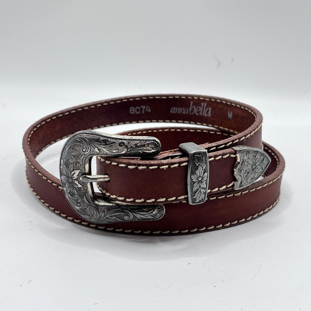 Vintage Annabella Brown Leather Western Floral Engraved Buckle Belt 8074 Medium